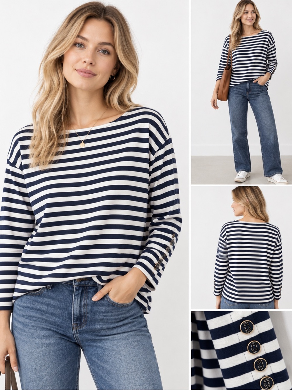 Jones New York Navy and White Striped Boatneck Pullover
